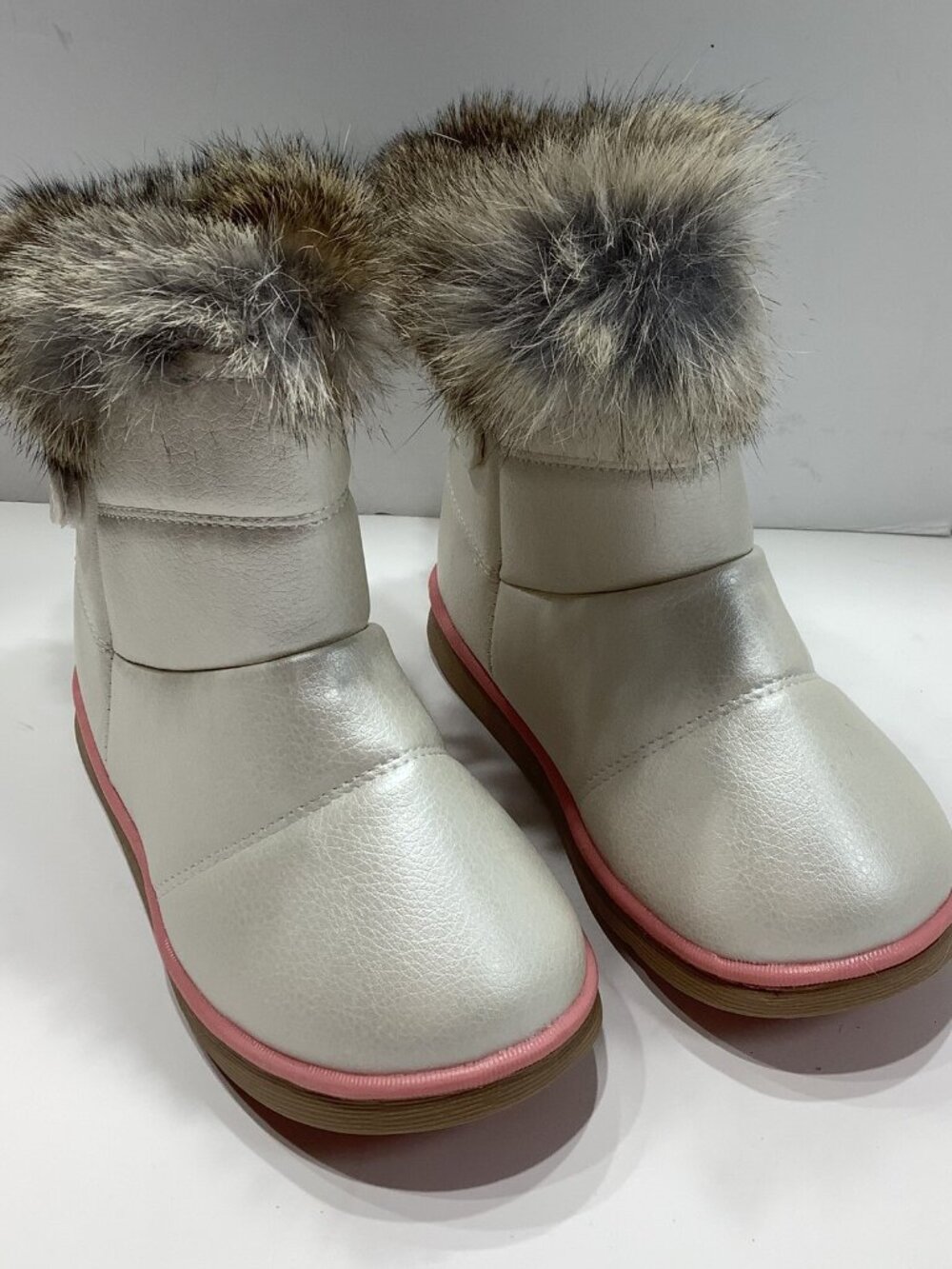 Girls Pearl White Faux Leather Fur Trim Winter Boots EU 30 US 12 NEW